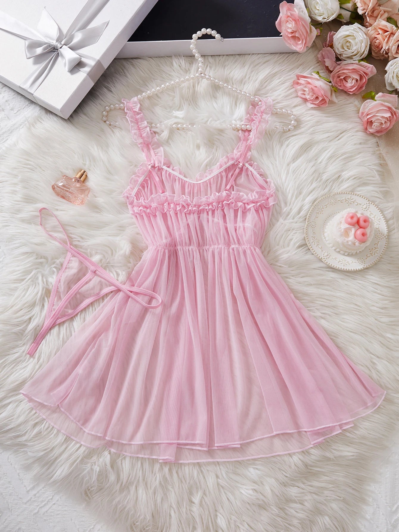 CowLost | women-perspective-mesh-nightdress-bow-wrapped-around-chest-pink-sexy-babydoll |10