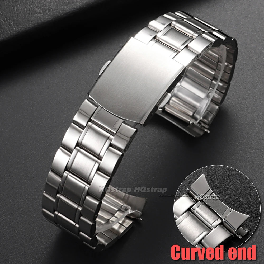 Curved End Stainless Steel Watch Strap 20mm 22mm Folding Buckle for Seiko Replacement Band