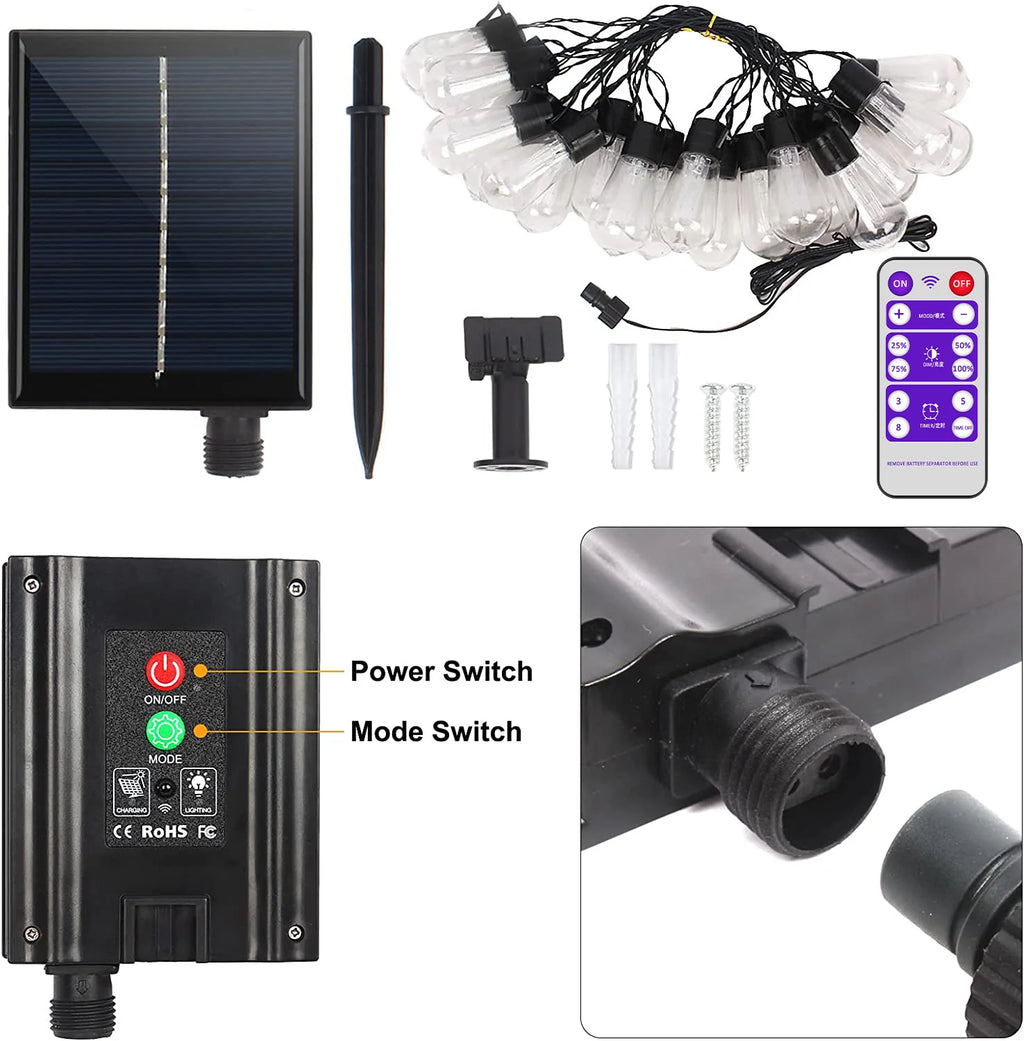 32FT S14 Solar Waterproof Outdoor String Lights with Remote, 8 Modes, Shatterproof Bulbs, High Brightness