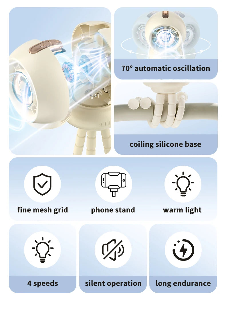 CowLost | portable-fan-clip-baby-stroller-usb-rechargeable-3600mah-with-light-stand-handheld |2