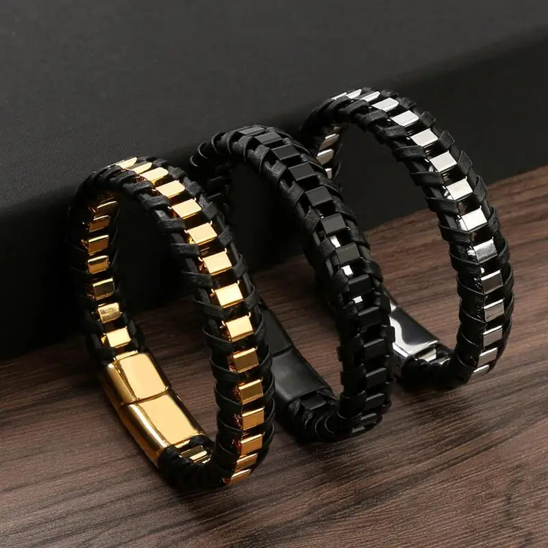 CowLost | badge-pass-holders-mens-classic-hand-woven-stainless-steel-leather-braided-bracelet |8
