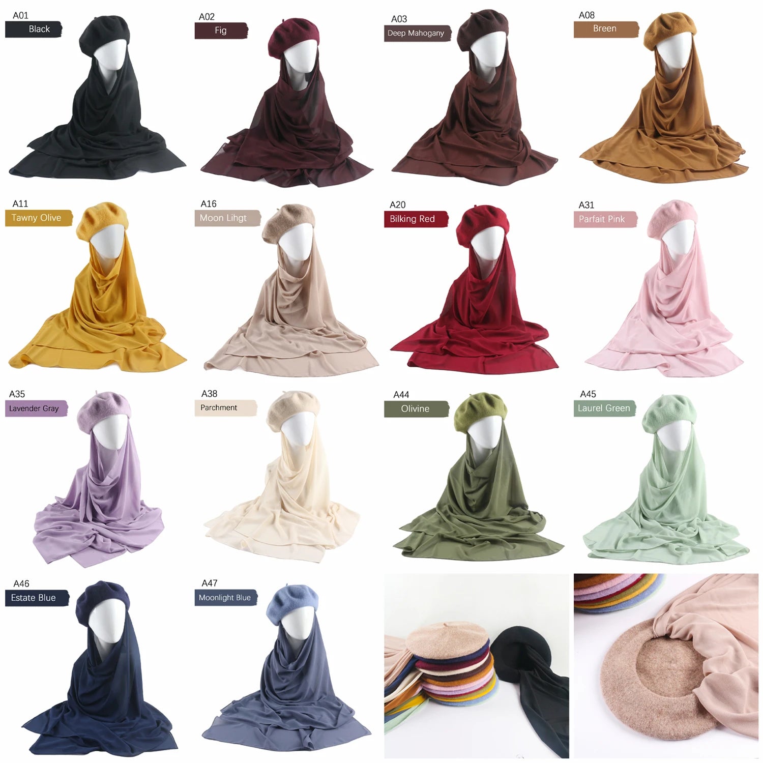 CowLost | musilm-women-french-style-beret-hats-with-chiffon-hijab |6