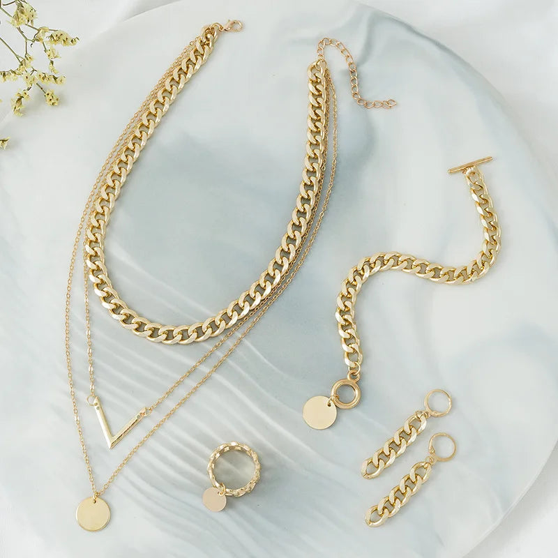 Vintage Multilayer V-Shaped 7-Piece Jewelry Set with Necklace, Earrings, Rings, and Bracelet
