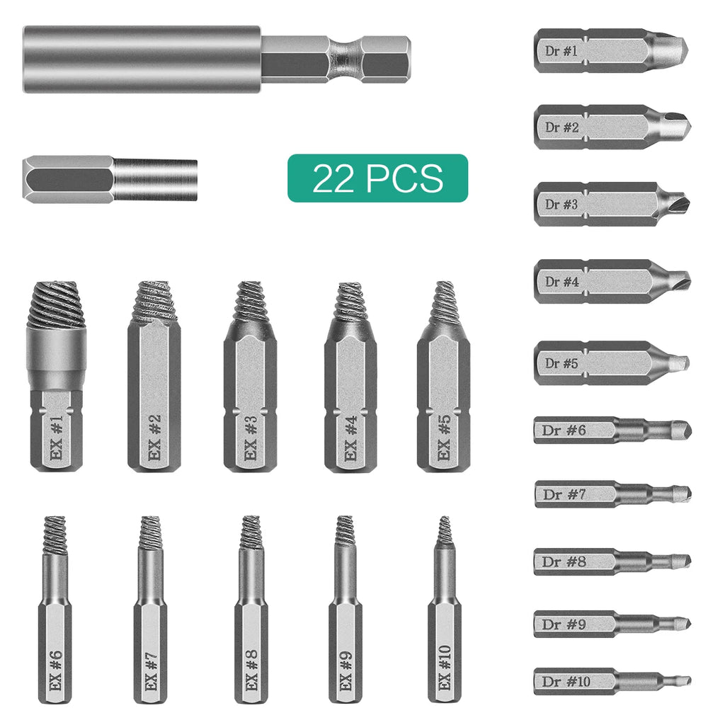 22pcs Screw Removal Set for Hexagonal, Machine, Tension, Wood & Sheet Metal Screws