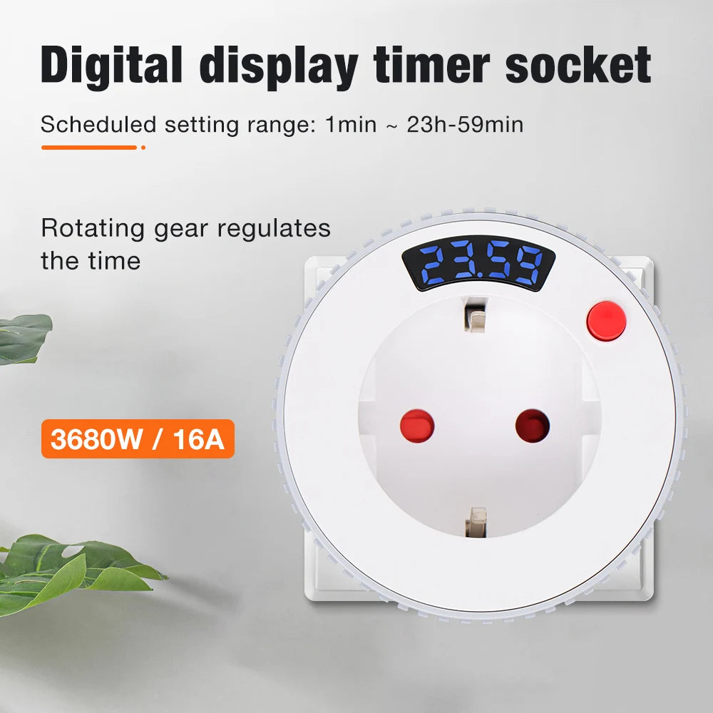 12/24H Countdown Timer Socket EU Plug 16A 230V Scheduled Charging Switch for Lighting