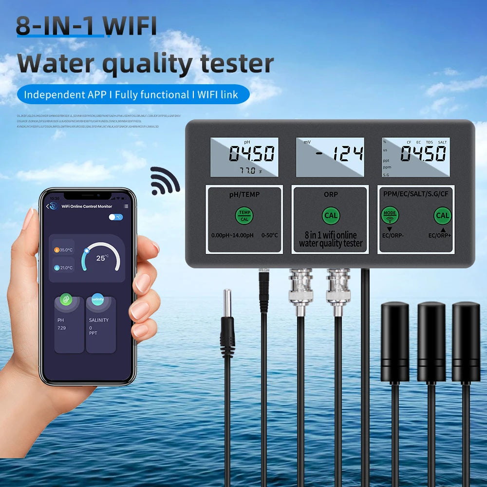 Tuya WiFi 8-in-1 Water Quality Tester pH/EC/TDS/Salt/S.G/ORP/CF/Temp Meter pH-W218 for Aquarium