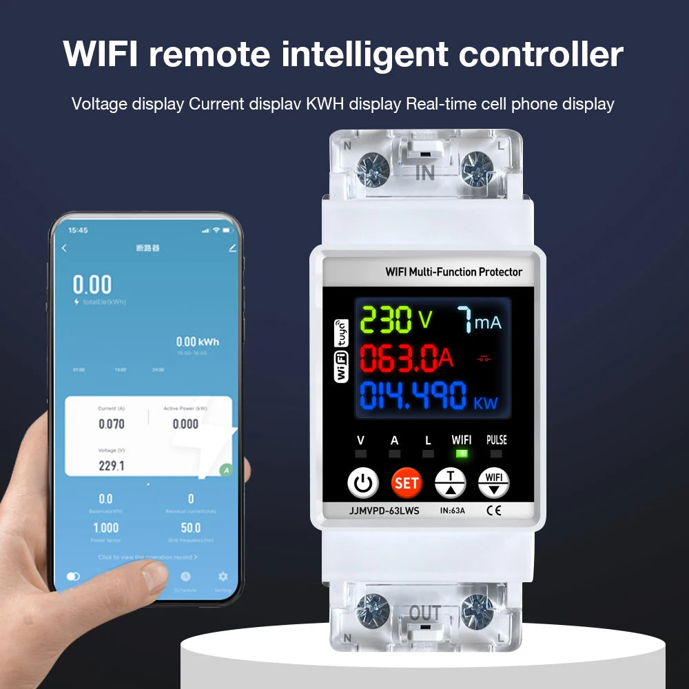 Tuya WiFi Smart Power Meter 63A Energy Switch with Automatic Protector and Voltage Tester