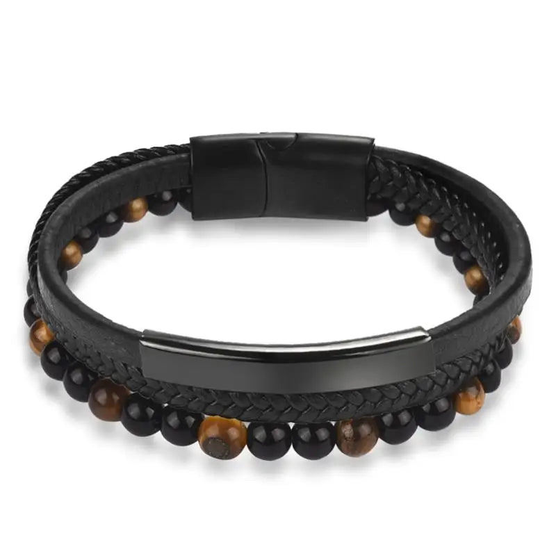 CowLost | badge-pass-holders-mens-natural-stone-beads-multilayer-leather-bracelet-with-magnetic-clasp |25