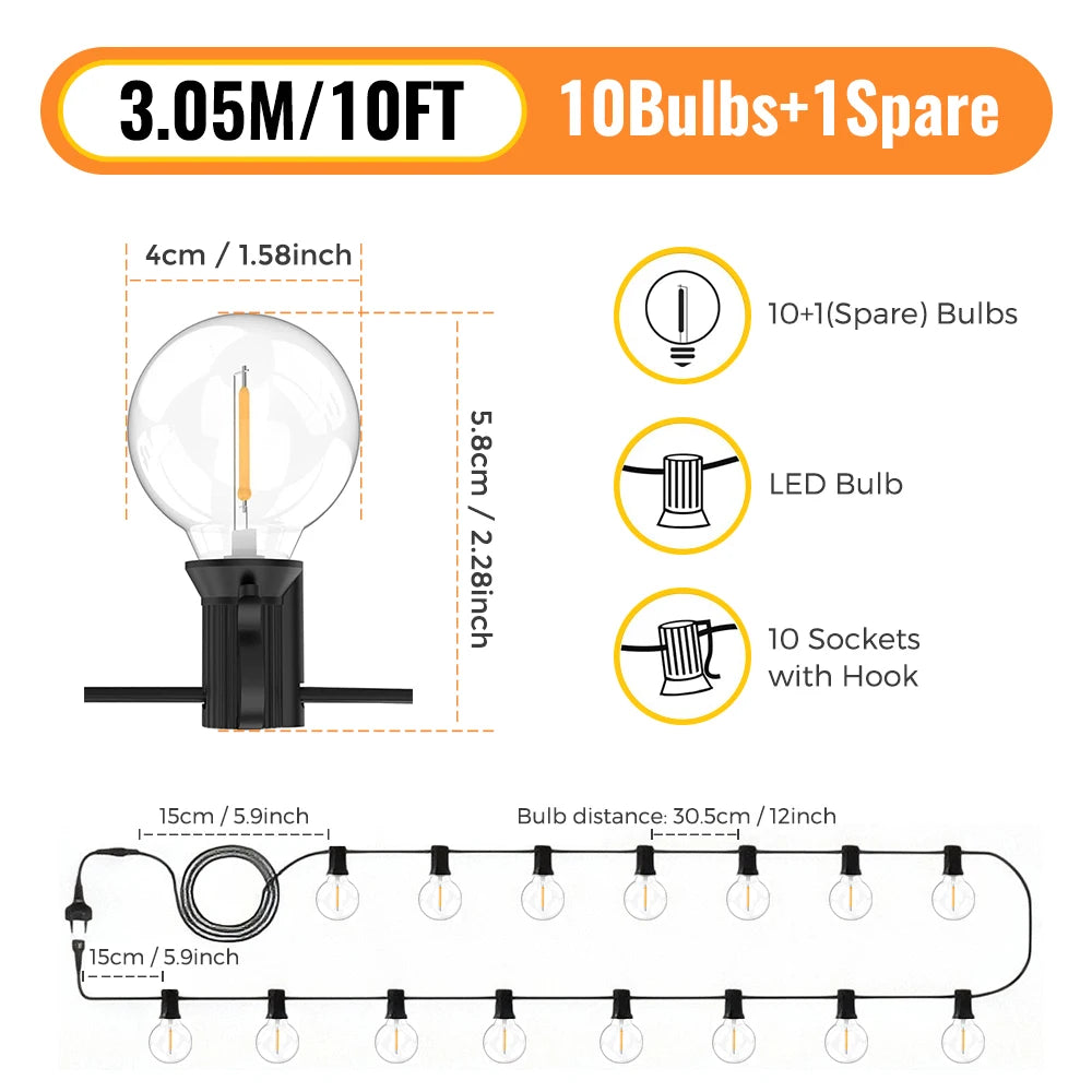 G40 LED Globe String Lights 30M/15M/9M IP44 Waterproof Outdoor Garland Lamp for Christmas Party