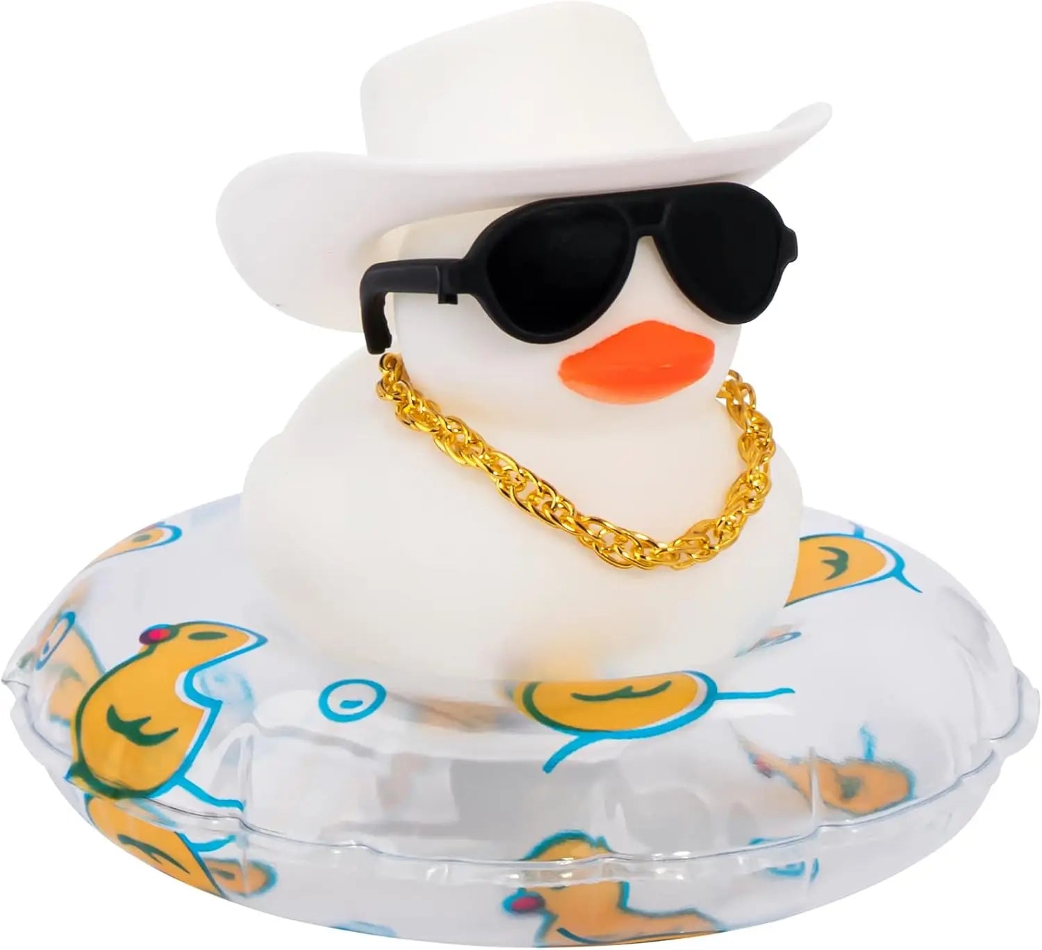 CowLost | product_id-white-rubber-duck-car-dashboard-ornament-with-cowboy-hat-and-swim-ring-necklace |24