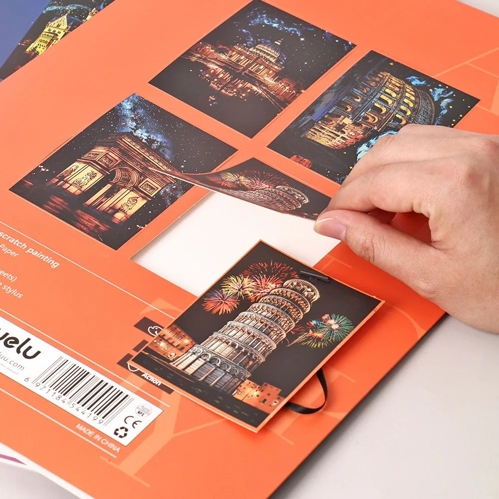 CowLost | product_id-4pcs-a3-diy-scratch-painting-set-colosseum-forbidden-city-cherry-blossom-castle-night-view |4