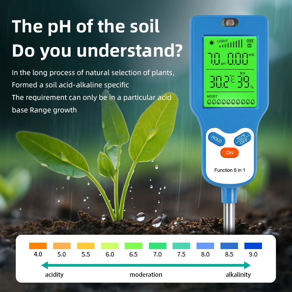 6-in-1 Soil Meter PH Moisture Temperature Light Humidity Fertility Tester LCD Rotate 90° for Garden Farm