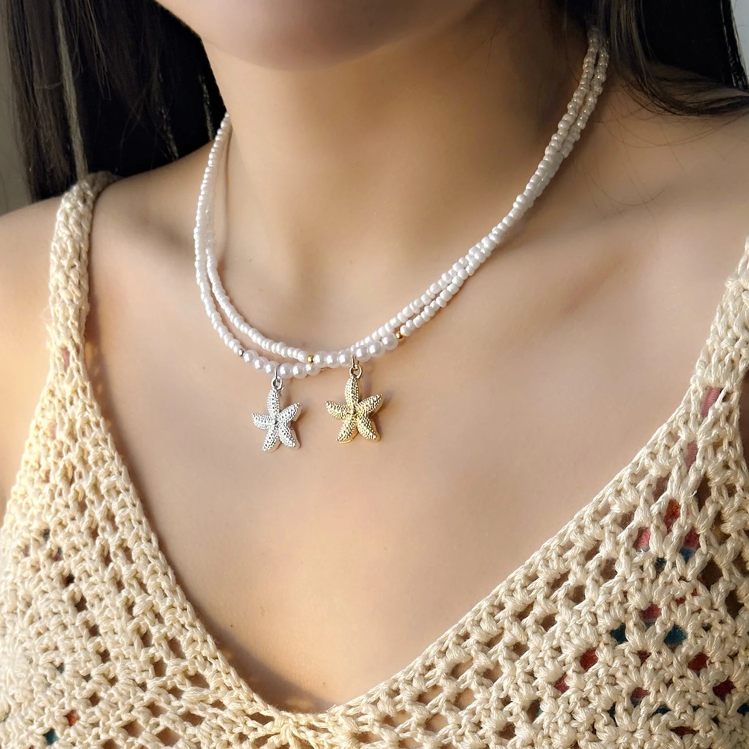 CowLost | bohemian-rice-beads-starfish-pendant-necklace-for-women-handmade-imitation-pearl-colorful-beaded-choker-summer-beach-jewelry |3