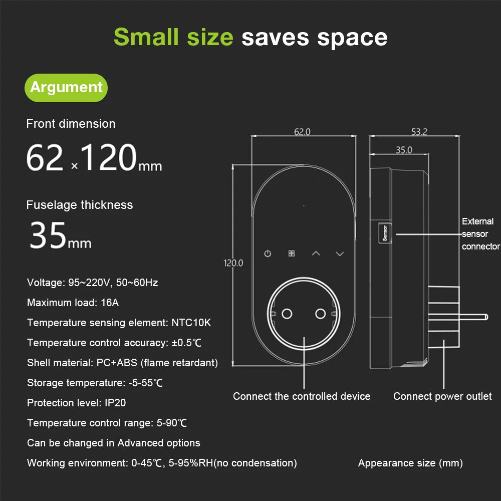 Tuya WiFi Smart Thermostat Socket 16A 220V APP Temperature Controller EU Plug