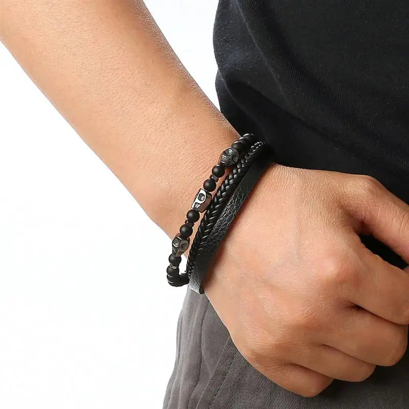 CowLost | high-quality-leather-bracelet-men-classic-fashion-tiger-eye-beaded-multi-layer |2