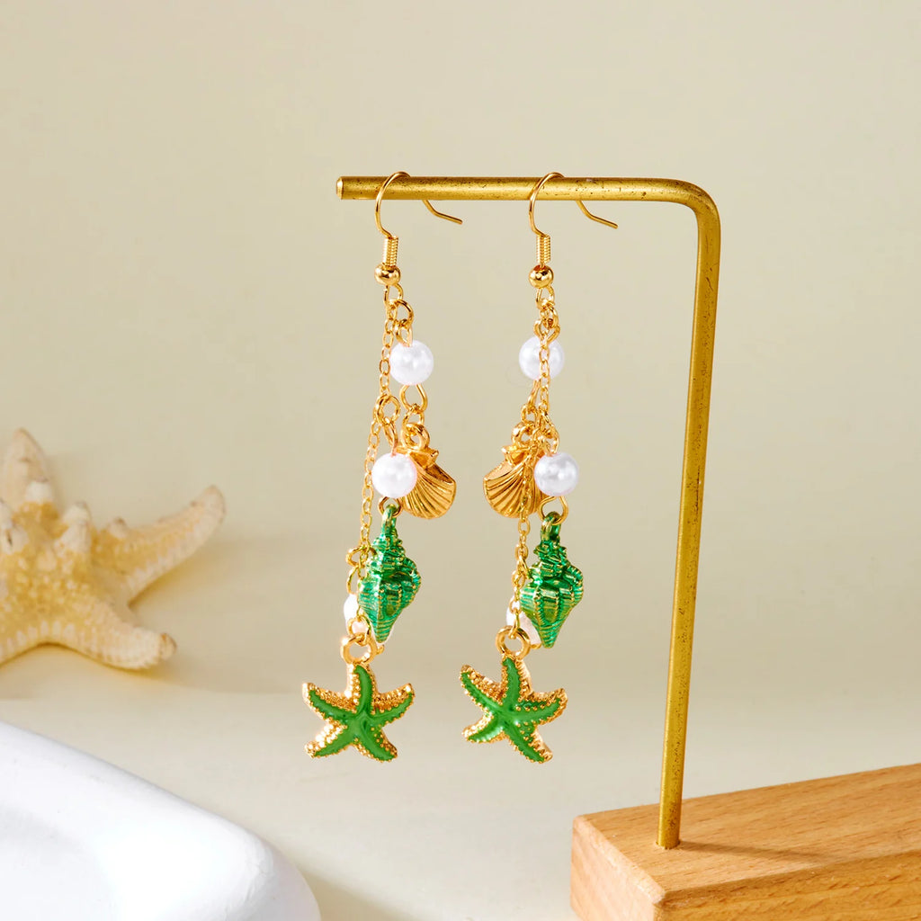 CowLost | bohemia-conch-shaped-starfish-dangle-earrings-for-women-exquisite-pearl-star-long-tassel-drop-earring-girls-beach-party-gifts |5