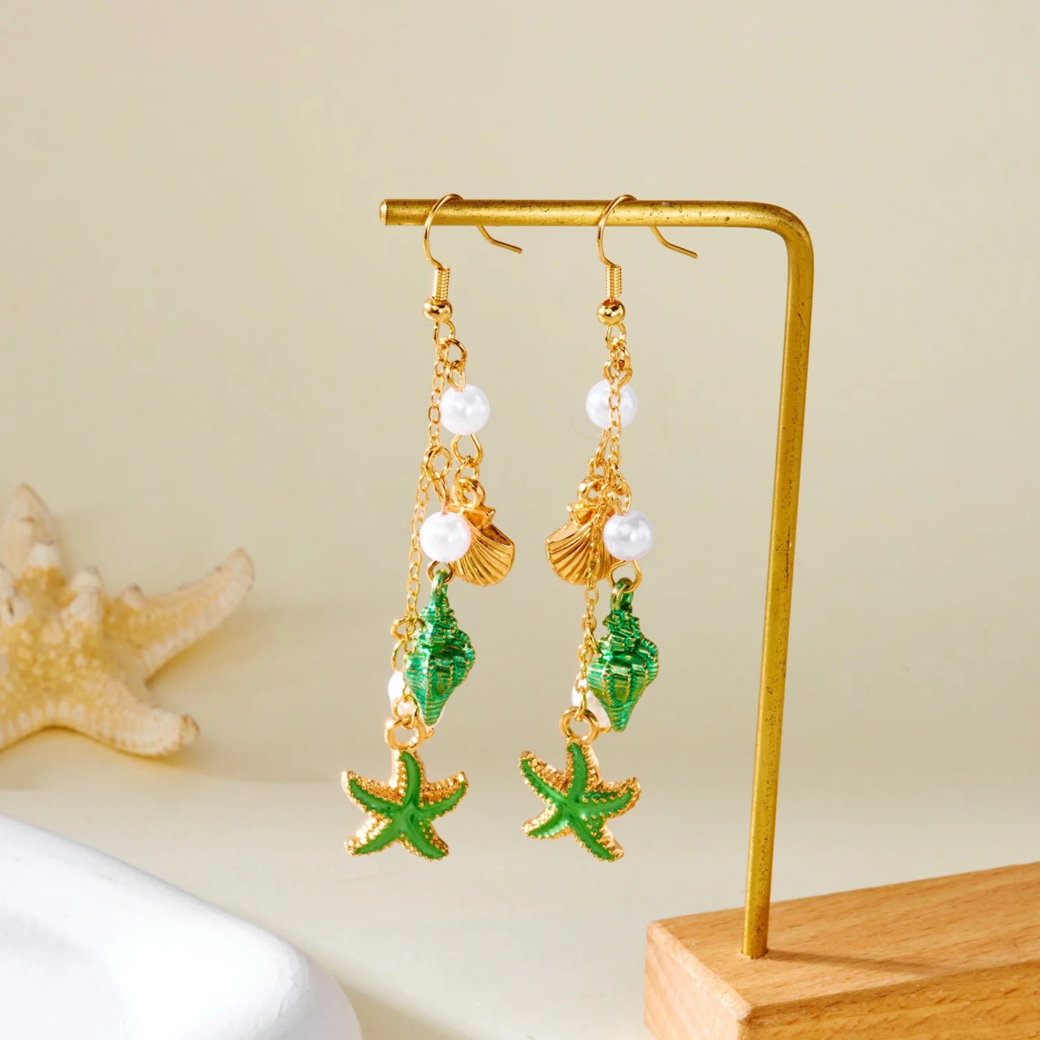 CowLost | bohemia-conch-shaped-starfish-dangle-earrings-for-women-exquisite-pearl-star-long-tassel-drop-earring-girls-beach-party-gifts |5