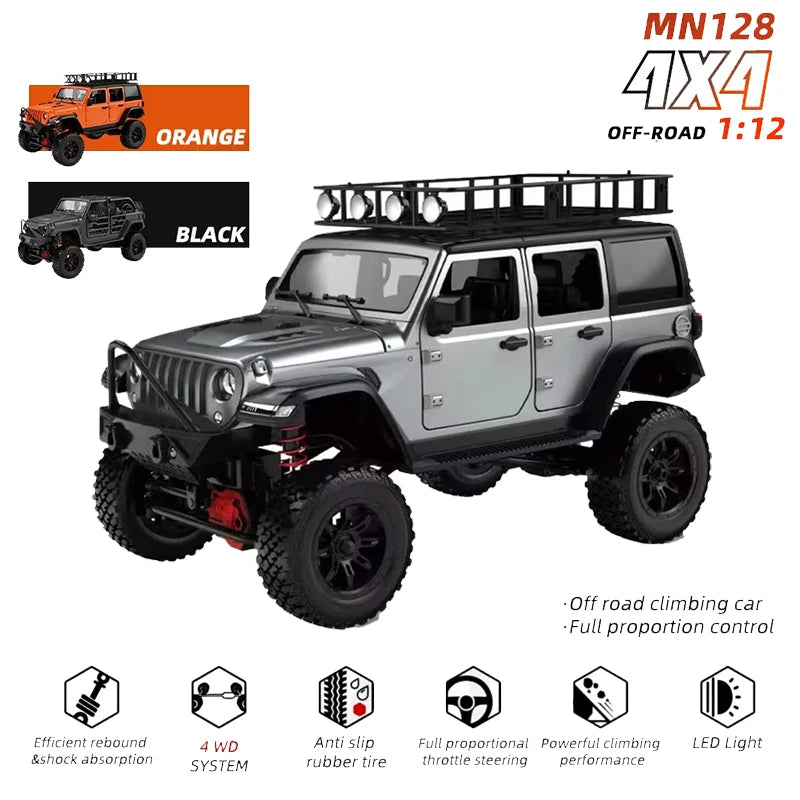 CowLost | fencing-barriers-mn128-1-12-4wd-rc-jeep-model-2-4g-remote-control-led-light-off-road-climbing-truck-electric-toy-car-gift-for-boy |7