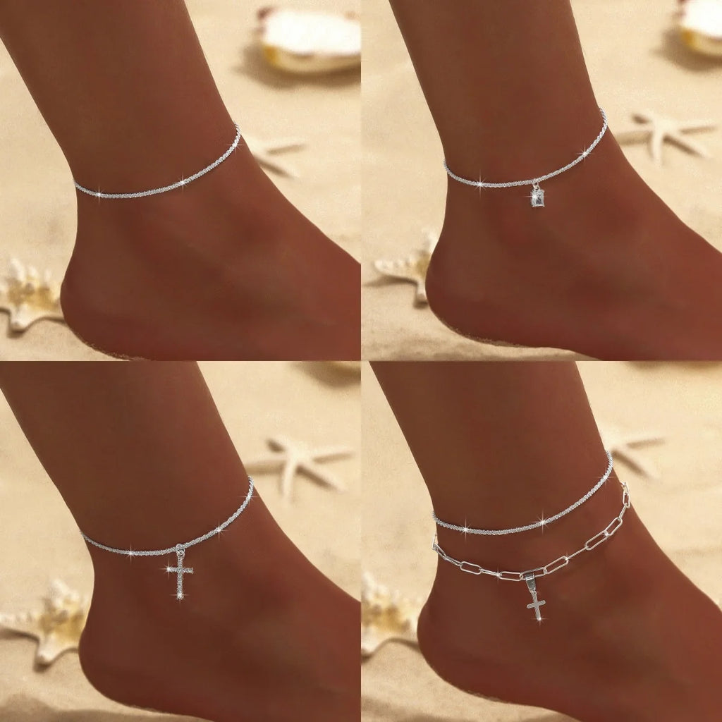 Silver Anklet Double Layer Zircon Cross Pearl Beach Jewelry for Women