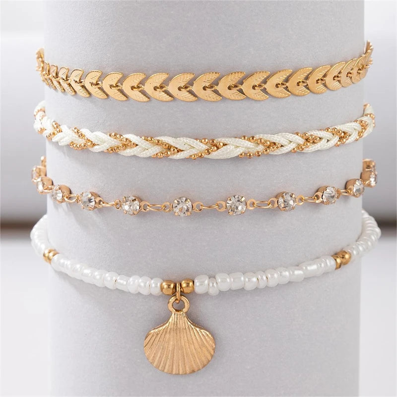 CowLost | 4pcs-set-bohemia-shell-bracelets-for-women-ethnic-style-colorful-zircon-rice-beads-metal-chain-bangles-girl-summer-beach-jewelry |7