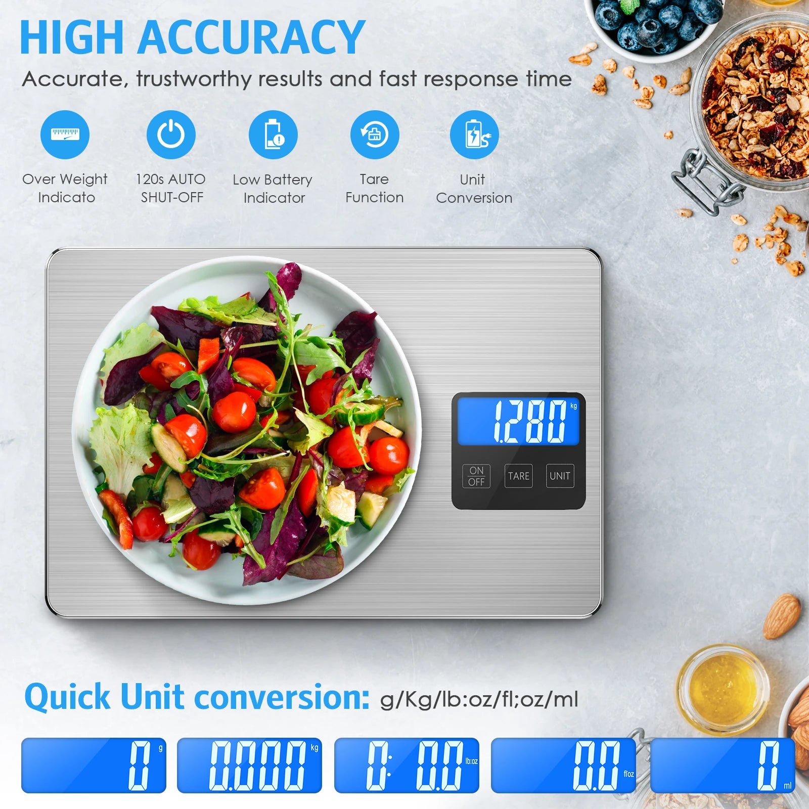 Digital Kitchen Scale 15kg/1g Rechargeable Electronic Food Scale with LCD Display