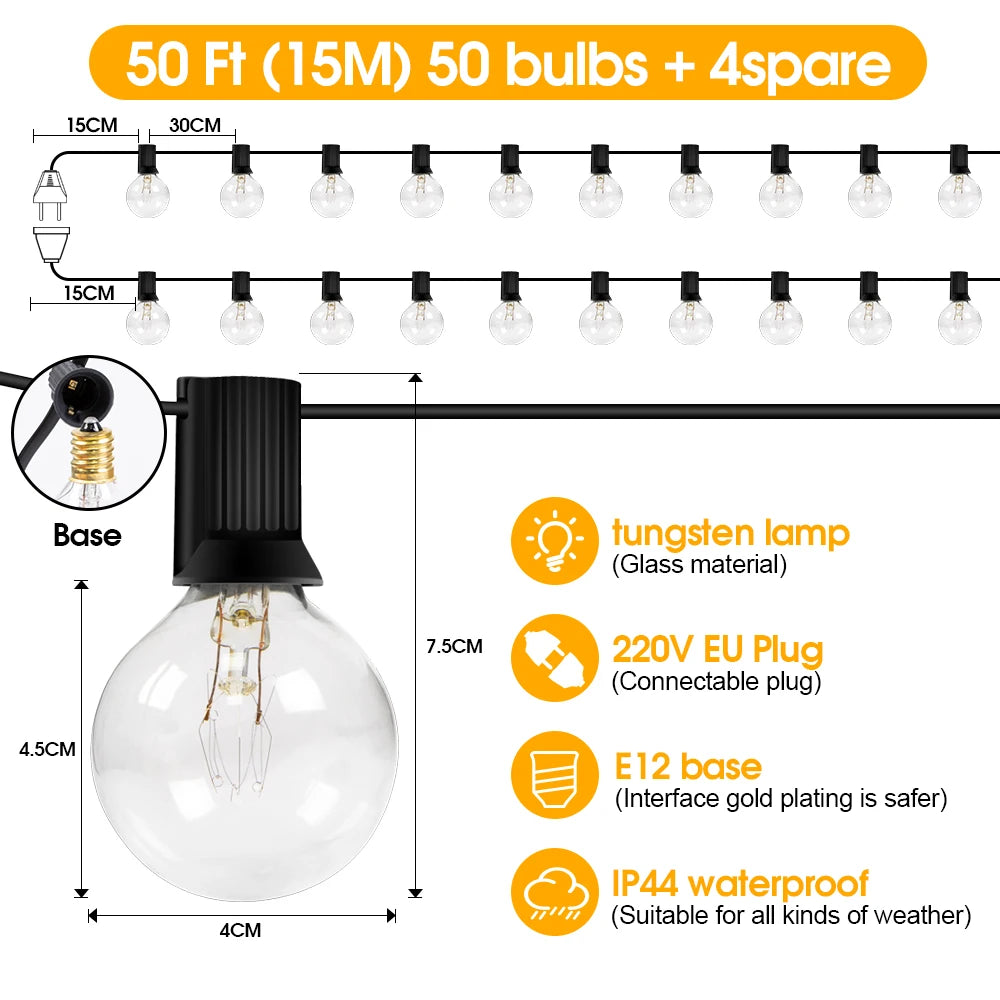 15M G40 Tungsten Outdoor String Lights, IP65 Waterproof, 220V Connectable Garland for Patio Porch Party Decor