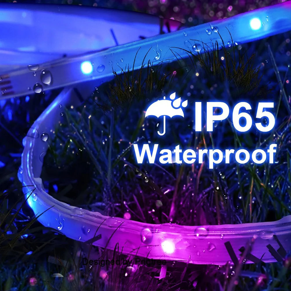 30M/20M RGB 5050 LED Strip IP65 Waterproof Silicone Tape with APP & 44-Key Remote, Music Sync, Color Change for Pool & Balcony