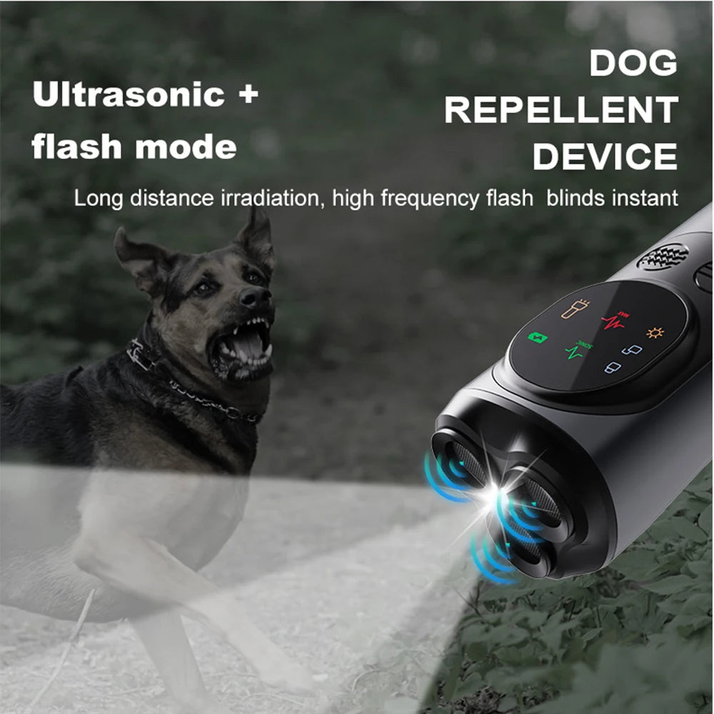 3-Head Ultrasonic Dog Repeller 30ft Range Anti-Barking Trainer with LED Flashlight