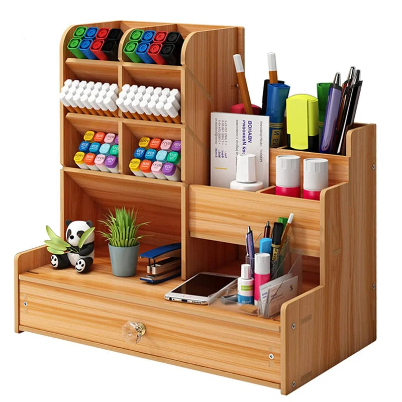CowLost | wooden-desk-organiser-diy-desktop-tidy-pen-holder-large-capacity-stationery-storage-box-with-drawer-for-home-office-and-school |7