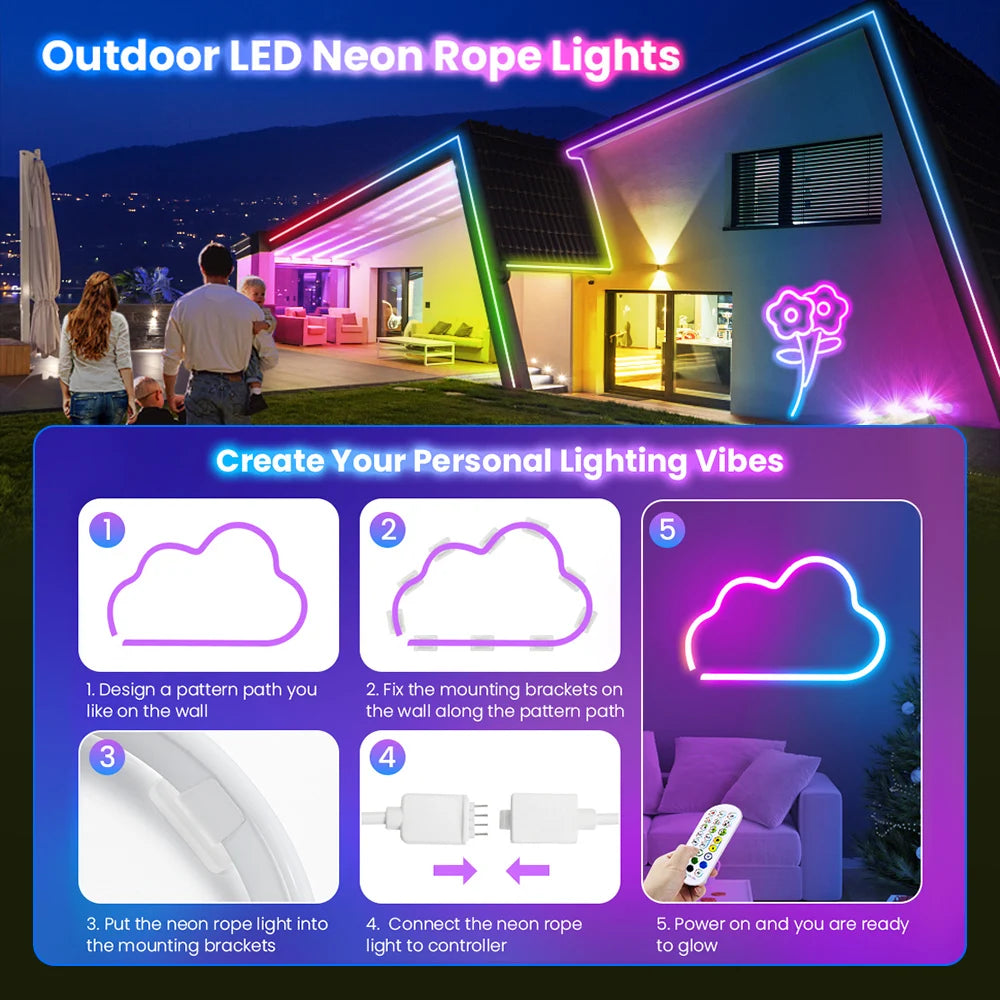10M/5M 12V Neon RGB WIFI LED Strip Lights 108 LEDs/m Waterproof with Music Sync, Remote & App for Bedroom