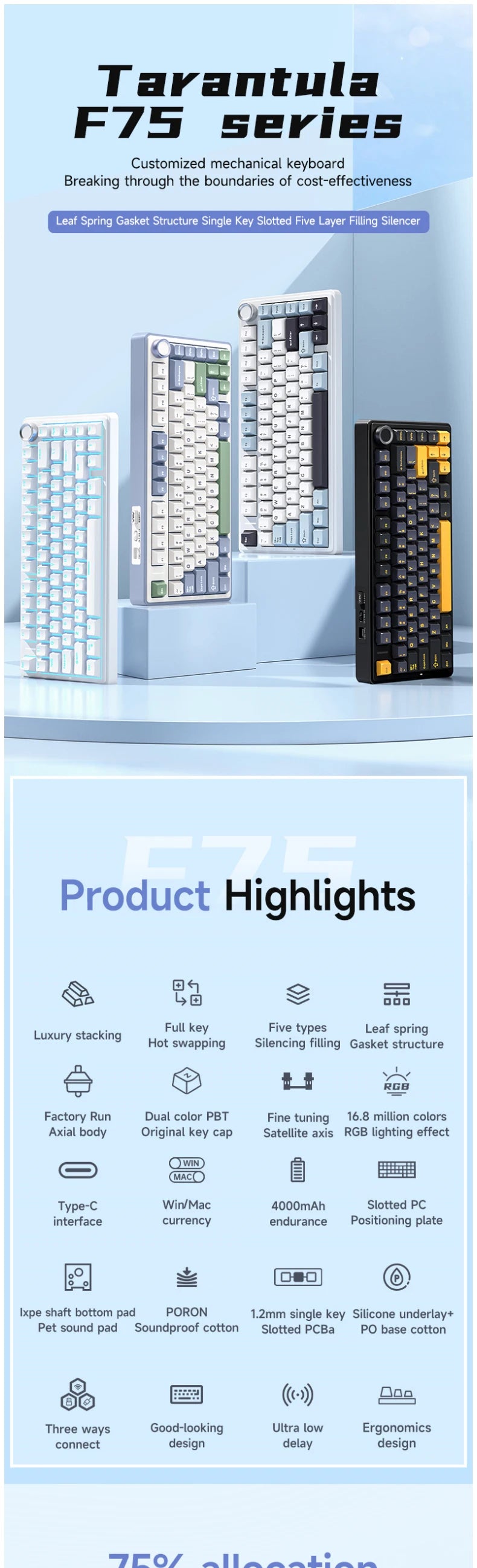 CowLost | aula-f75-oem-rgb-customized-hot-swap-pbt-75-80-keys-bluetooth-5-0-2-4g-wireless |6