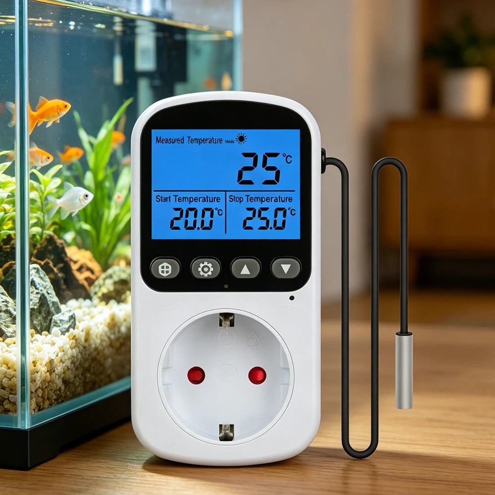 Full View LCD Thermostat Socket 16A 230V Temperature Controller EU Plug Heating Cooling Regulator with Sensor
