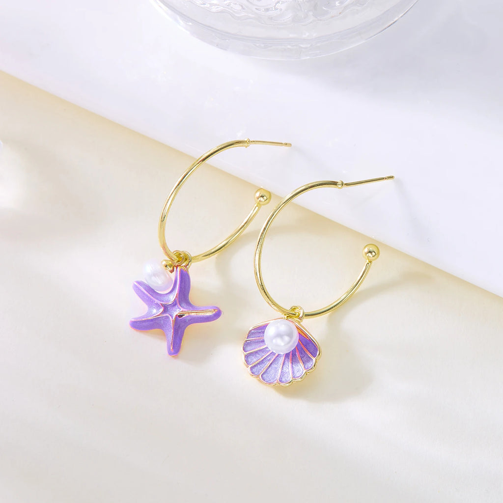 CowLost | ocean-series-conch-starfish-dangle-earrings-for-women-summer-beach-asymmetrical-metal-enamel-earring-girls-party-jewelry-gift |4