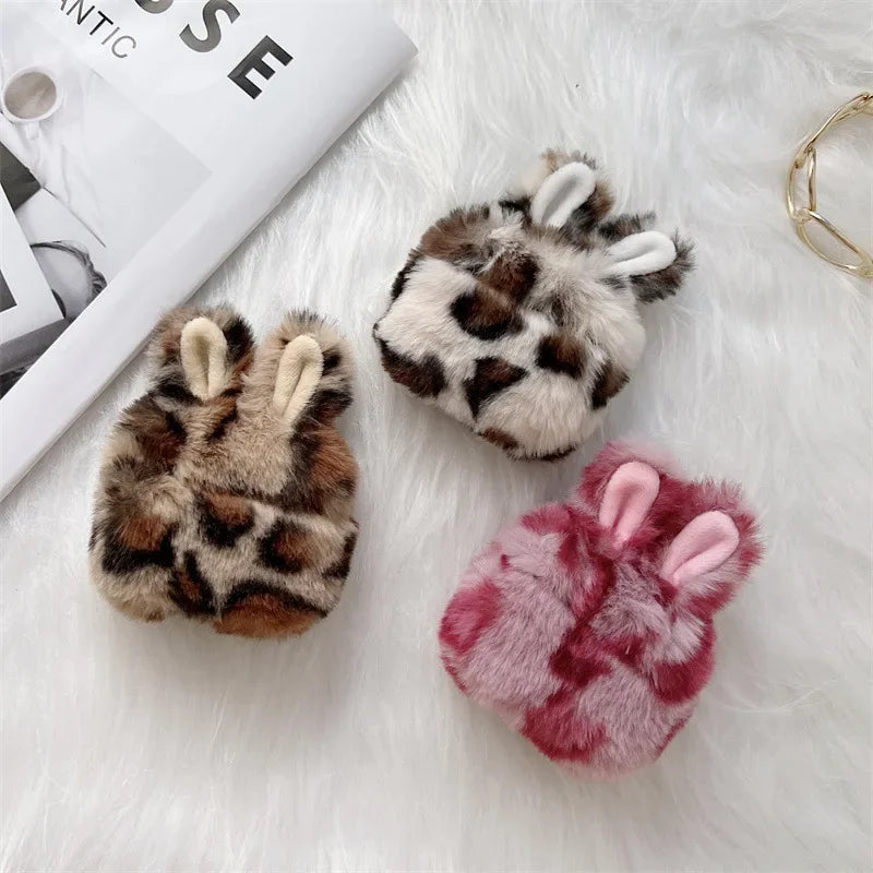 CowLost | cartoon-leopard-print-rabbit-ear-plush-earphone-case-for-airpods-1-4-pro-2 |2