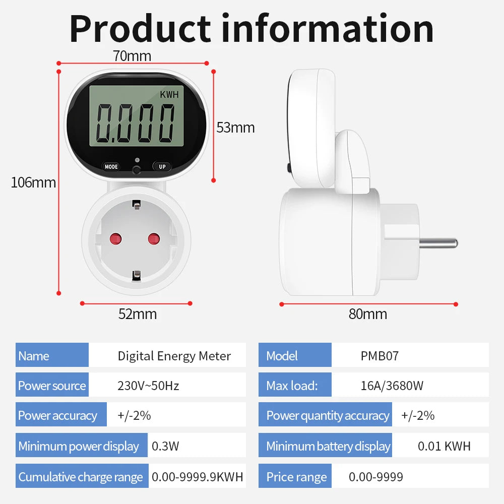 Digital LCD Energy Meter 230V Electric Wattmeter 0.00-9999.9 KWH Power Consumption Monitor