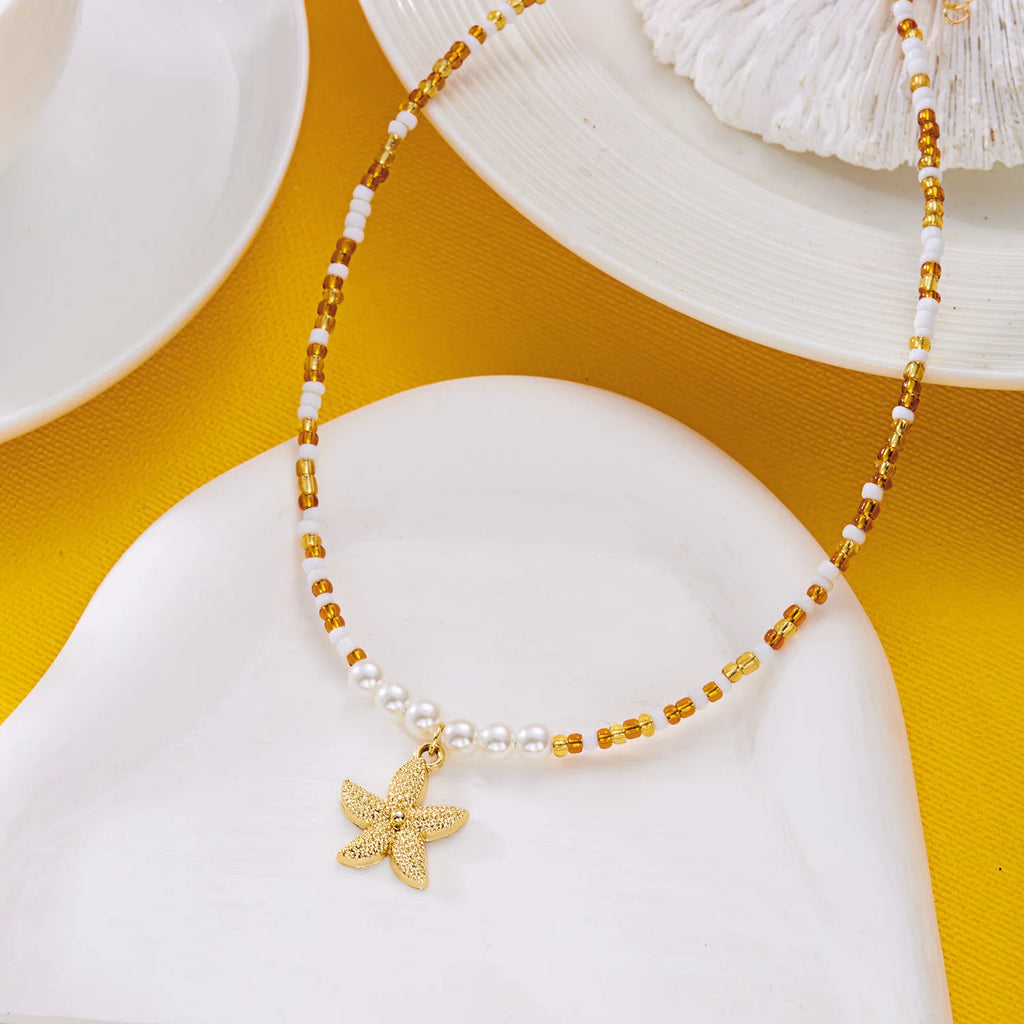 CowLost | bohemian-rice-beads-starfish-pendant-necklace-for-women-handmade-imitation-pearl-colorful-beaded-choker-summer-beach-jewelry |7
