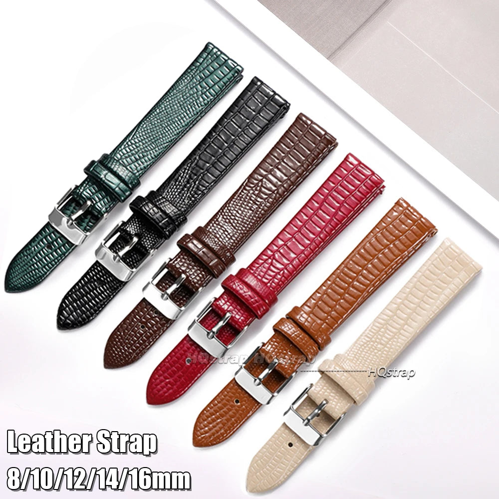Ultra-thin 8-16mm Lizard Pattern Leather Watch Strap for Women Waterproof Wristband