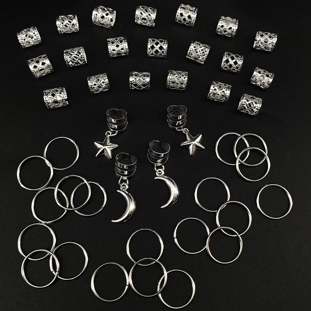 CowLost | 44pcs-stars-moon-combination-fashion-metal-cutout-dreadlock-hair-rings |6