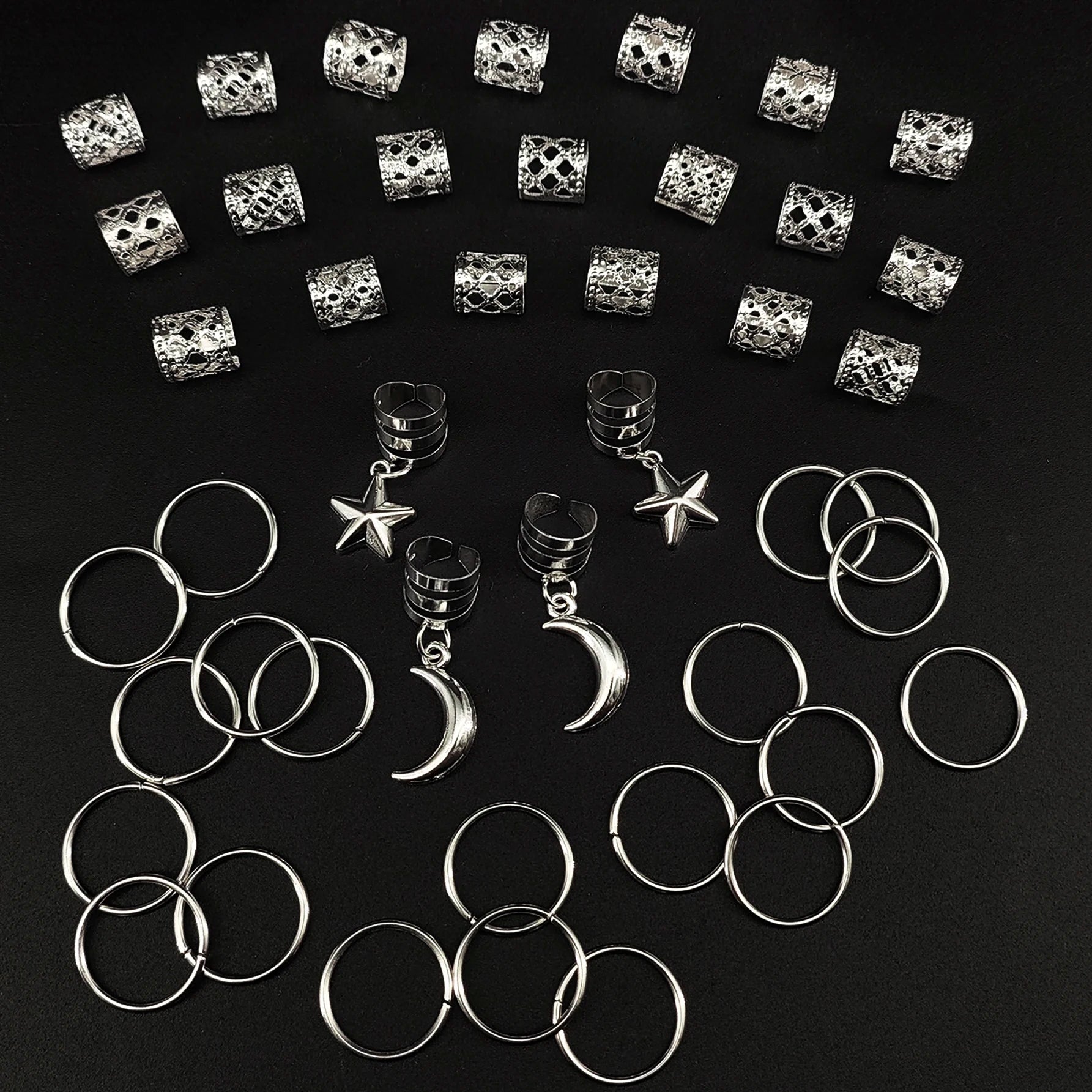 CowLost | 44pcs-stars-moon-combination-fashion-metal-cutout-dreadlock-hair-rings |6
