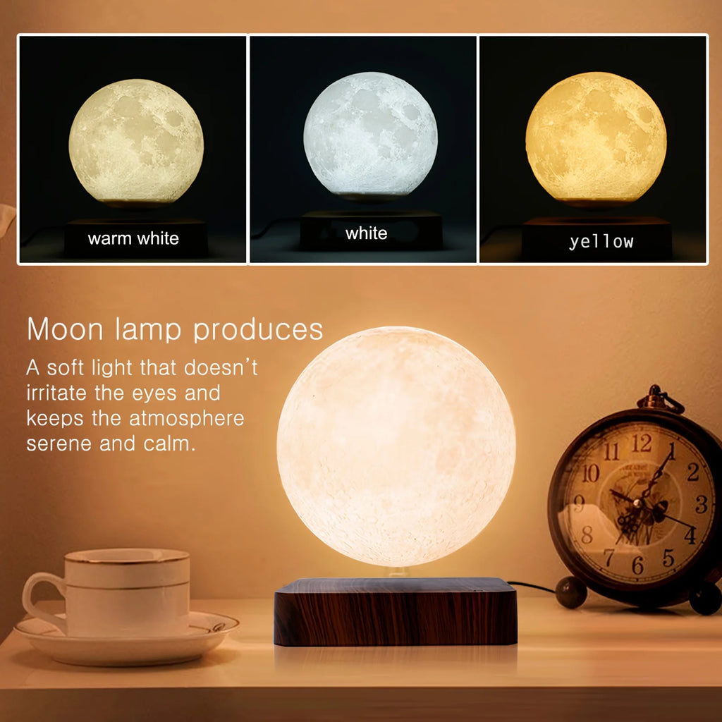 Levitating Moon Magnetic Floating 3D LED Night Light with Wooden Base, 3 Color Temperatures