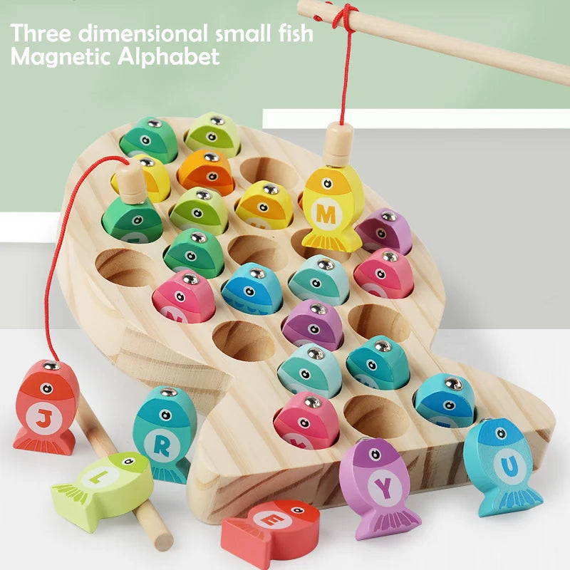 Kids Wooden Fishing Game Educational Alphabet Numeric Cognitive Toy with Magnet