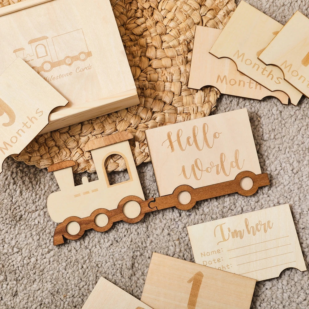 CowLost | baby-transport-accessories-wooden-baby-growth-milestone-cards-1-12-months-with-train-box-photo-props |10