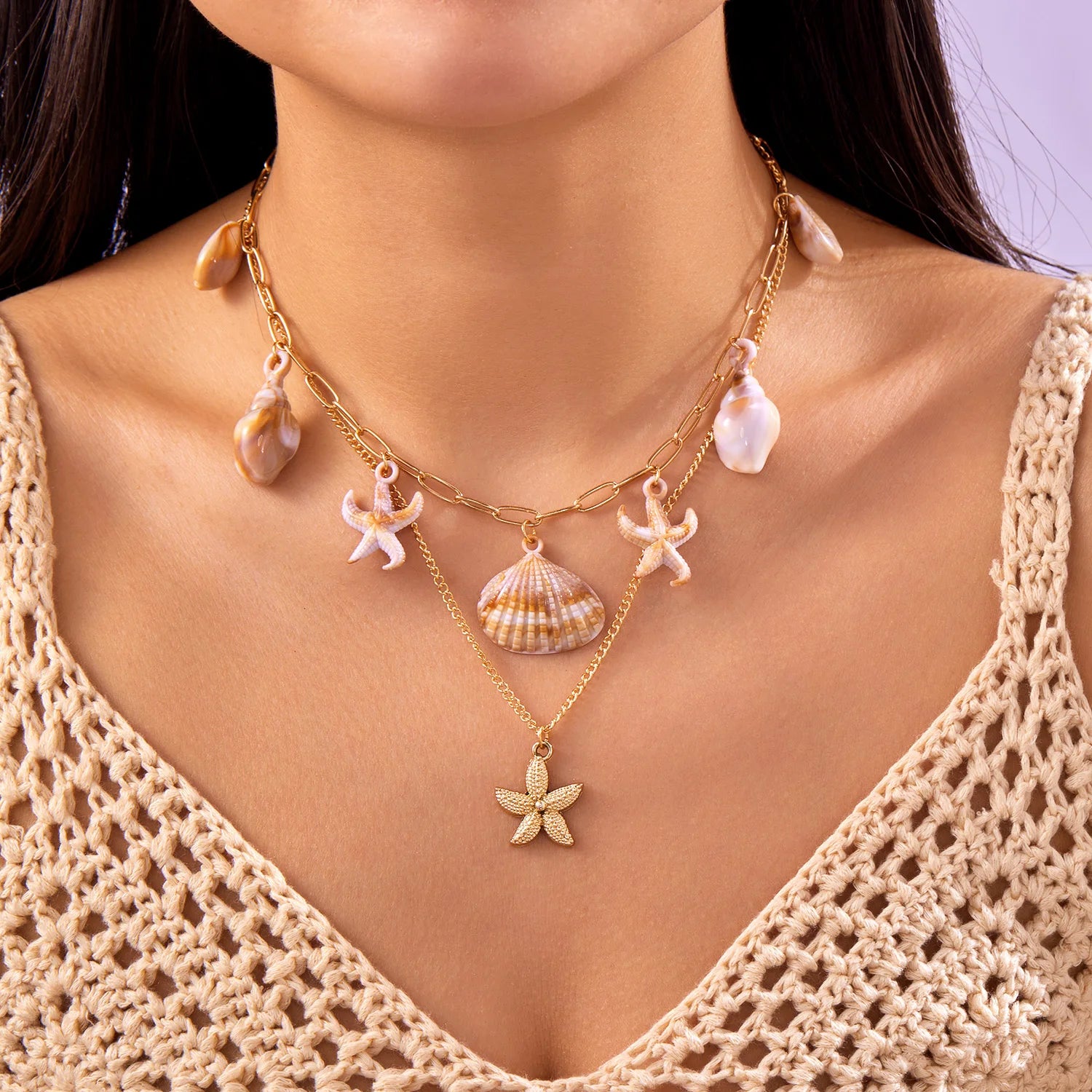 CowLost | bohemia-mulitlayer-ocean-series-necklace-for-women-starfish-shell-pearl-conch-flower-fish-tail-metal-choker-beach-party-jewelry |11