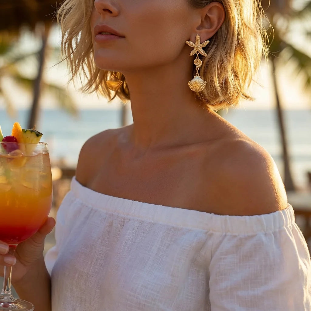 CowLost | boho-asymmetric-starfish-shell-pendant-earrings-for-women-gold-color-metal-textured-sea-star-conch-dangle-earring-beach-jewelry |11