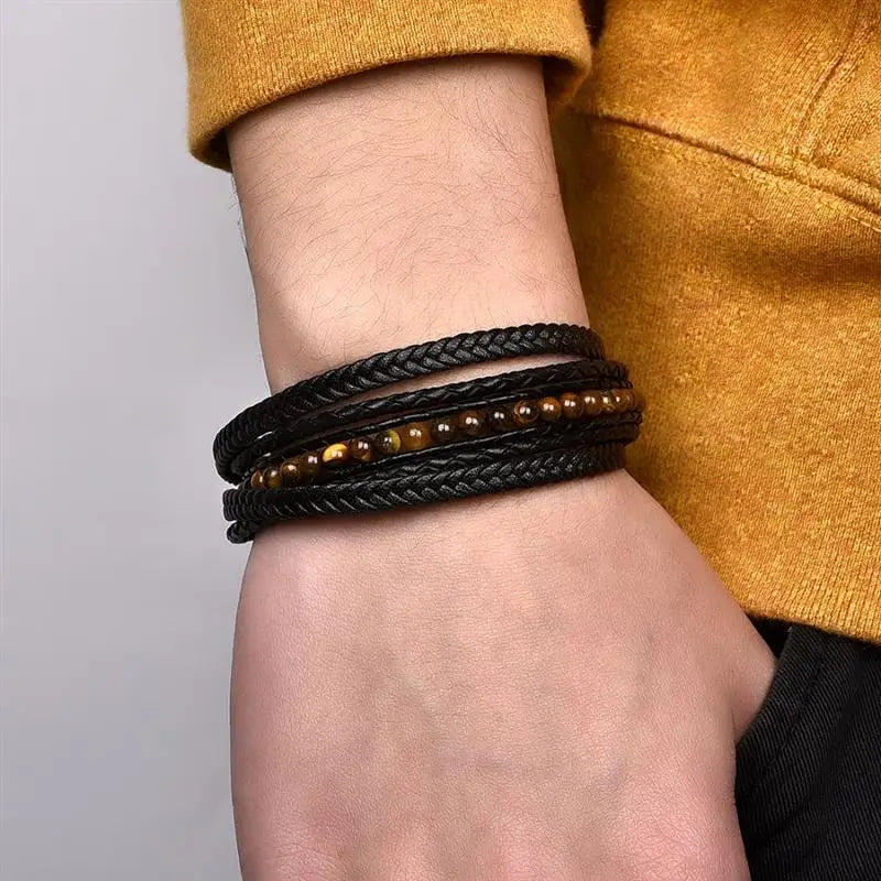 CowLost | badge-pass-holders-mens-natural-stone-beads-multilayer-leather-bracelet-with-magnetic-clasp |13