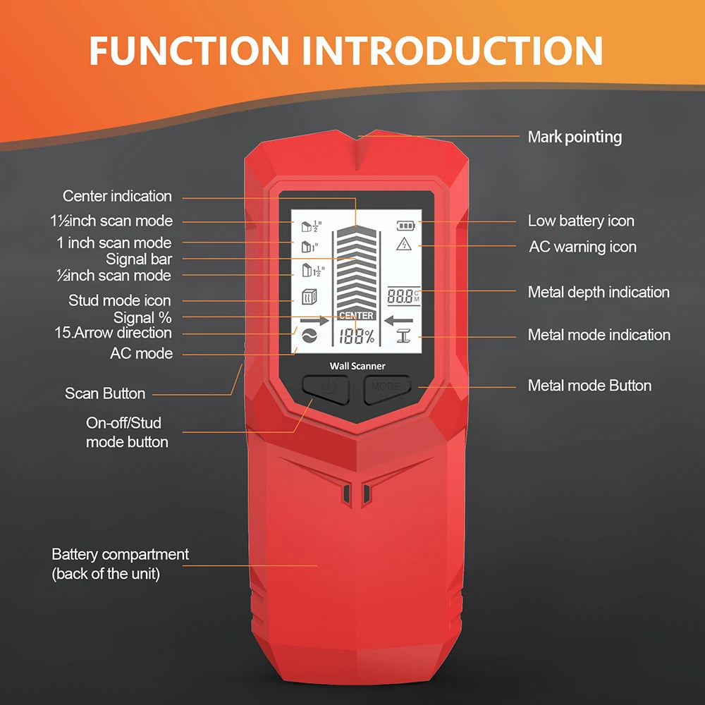 HW-910 Handheld 6-in-1 Wall Metal Detector Stud AC Wire Pipe Wooden Beam Finder with LCD Display