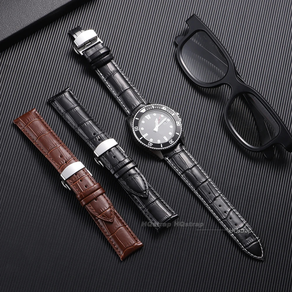 Genuine Leather Bamboo Pattern Watch Strap 14-24mm with Steel Butterfly Buckle Black Brown
