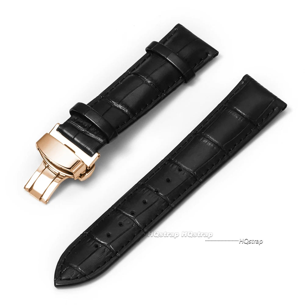 CowLost | product_id-genuine-calfskin-leather-watch-strap-16-24mm-black-with-brown-stitching-butterfly-buckle |16