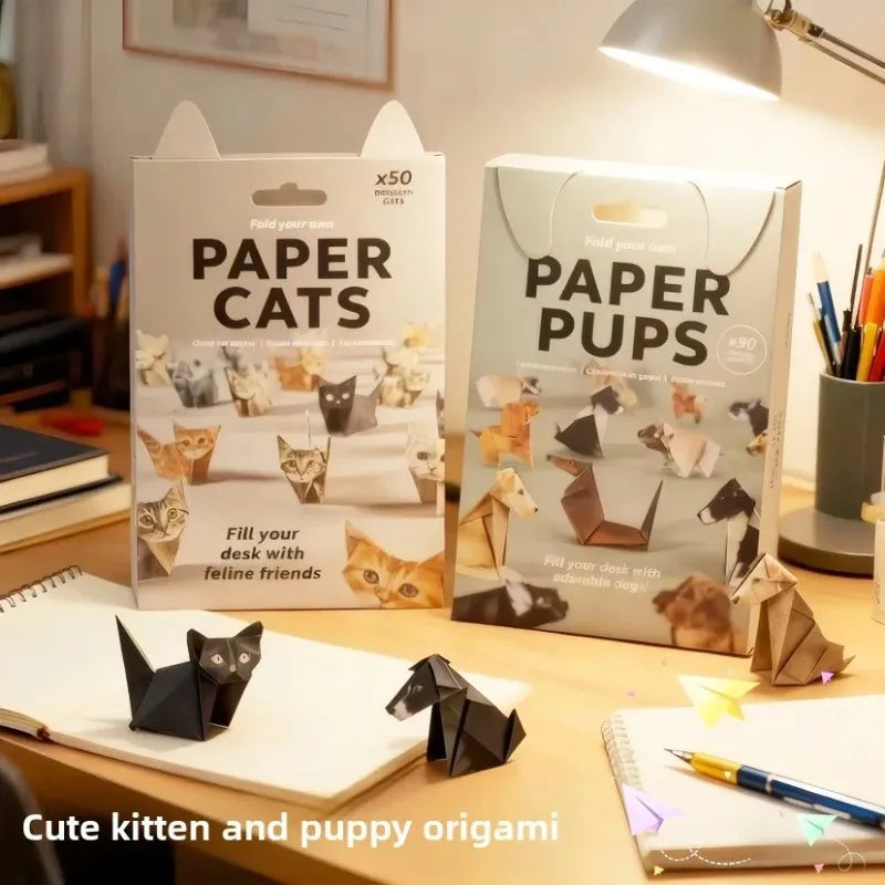50pcs DIY Origami Paper Cats Folding Animal Craft Set