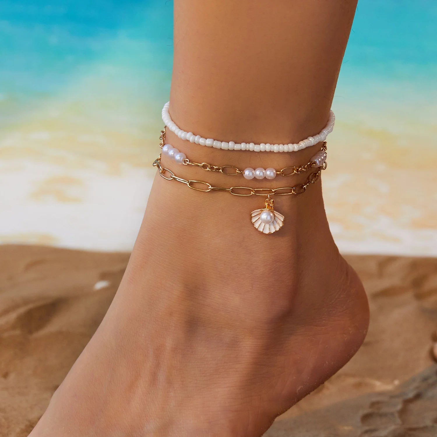 CowLost | vintage-gold-color-starfish-sea-shell-metal-chain-anklet-set-for-women |12